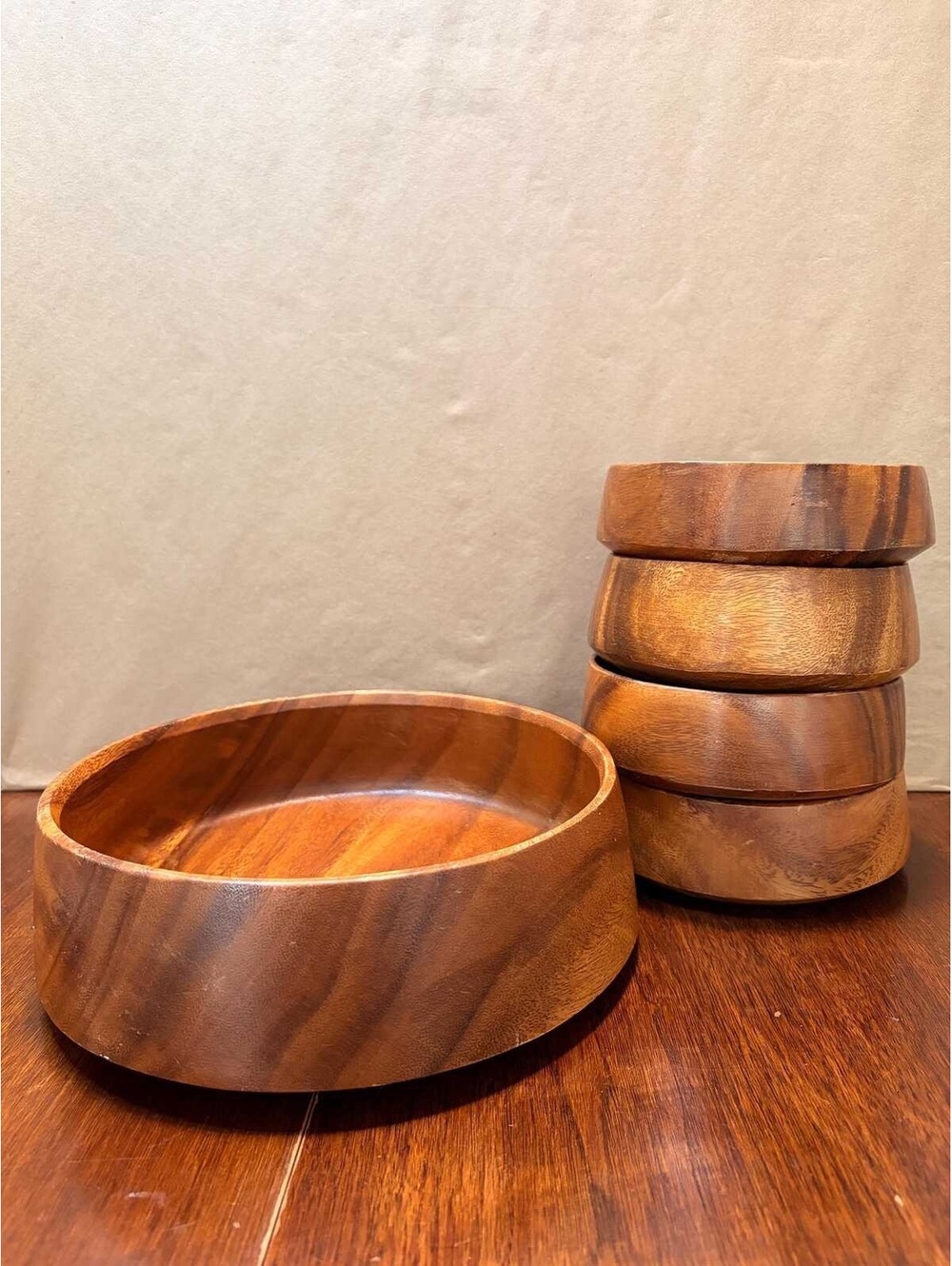 Vintage Handmade Acacia Wood Salad Bowl Set 5 Pc Philippine Serving Bowls MCM